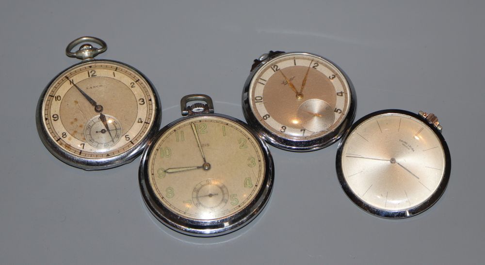 Four assorted base metal pocket watches.